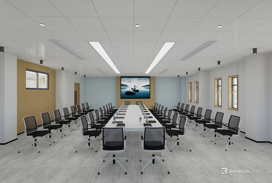 Modern Conference Room Interior Design With Long Table Multiple Chairs Large Screen And Windows 3d model