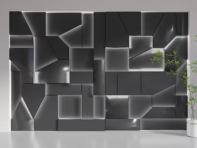 Modern Sofa Background Wall With Geometric Black Gray Panels And Green Plant 3d model