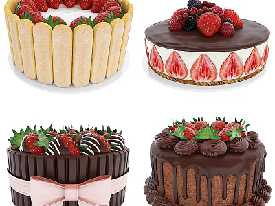 Assorted Delicious Cakes With Strawberries And Chocolate 3d model