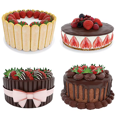Assorted Delicious Cakes With Strawberries And Chocolate 3d model