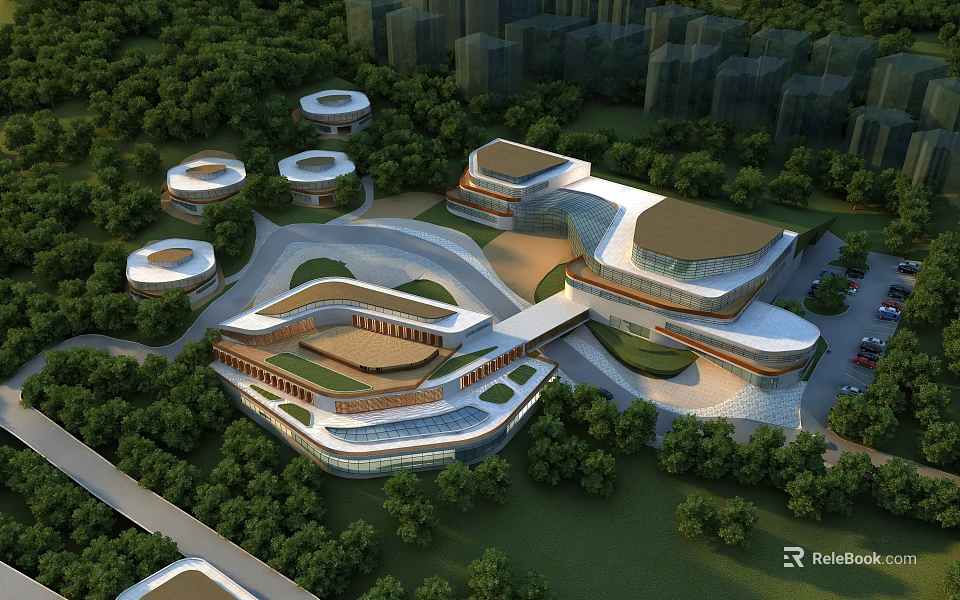Aerial Planning of Modern Architectural Complex With Green Landscape And Curved Structures 3d model 