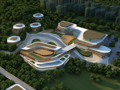 Aerial Planning of Modern Architectural Complex With Green Landscape And Curved Structures 3d model