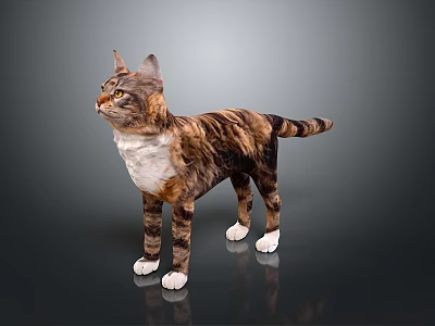 Standing Tabby And White Cat With Yellow Eyes On Smooth Gray Surface 3d model