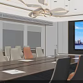 Modern Conference Room Interior With Large Windows Scenic View Chandelier And Decorative Landscape Wall