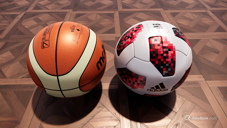 Premium Sports Equipment Including Basketball and Soccer Ball with Distinctive Patterns on Wooden Floor 3d model 