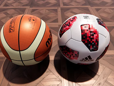 Premium Sports Equipment Including Basketball and Soccer Ball with Distinctive Patterns on Wooden Floor 3d model