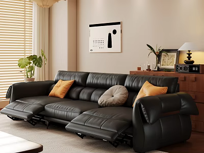 Living Room with Black Leather Sofa Decorative Cushions Wooden Side Cabinet Wall Art and Blinds 3d model