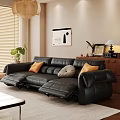 Living Room with Black Leather Sofa Decorative Cushions Wooden Side Cabinet Wall Art and Blinds