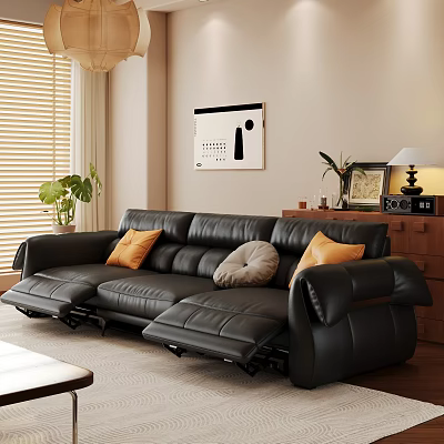 Living Room with Black Leather Sofa Decorative Cushions Wooden Side Cabinet Wall Art and Blinds 3d model