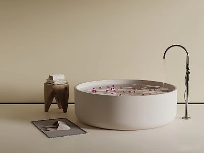 White Round Bathtub With Floating Pink Petals Wooden Stool And Modern Silver Faucet 3d model