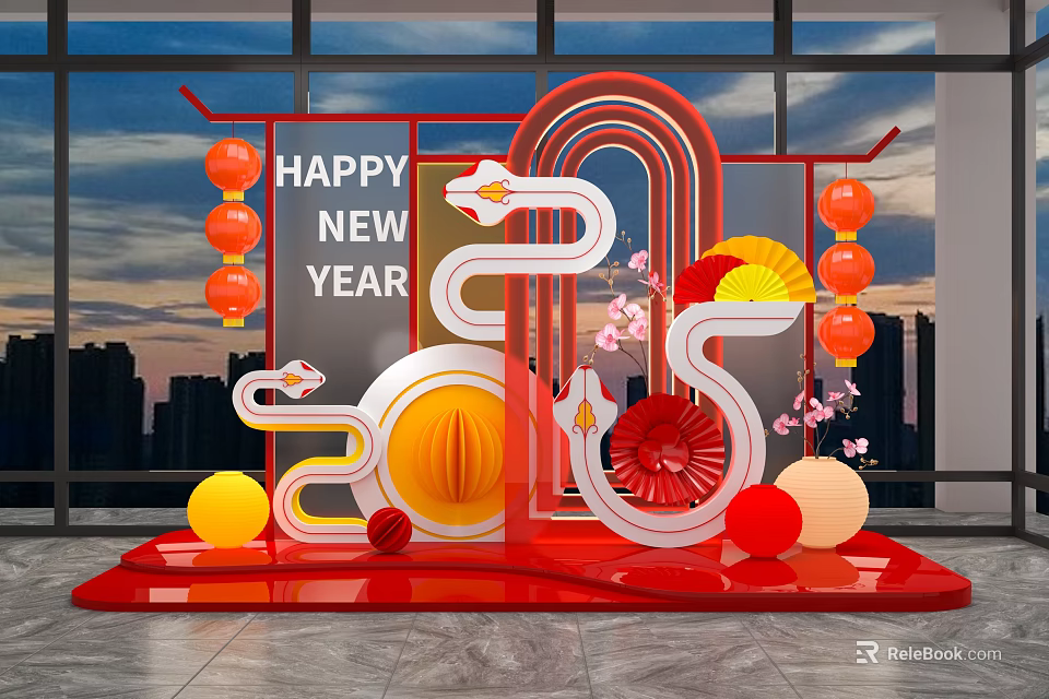 2025 Happy New Year Photo Check In Spot With Red Lanterns Fans And Pink Flowers 3d model 