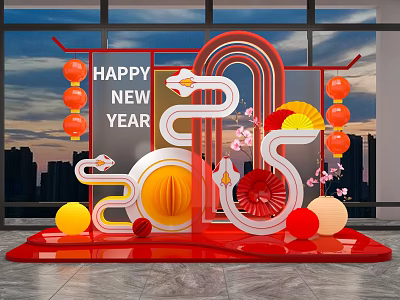 2025 Happy New Year Photo Check In Spot With Red Lanterns Fans And Pink Flowers 3d model