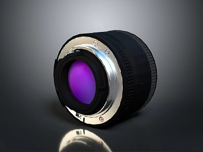 Black And Silver Camera Lens With Purple Element And Threaded Metal Ring 3d model