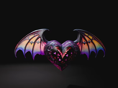 Purple Heart Shaped Ornament Decoration Set With Rainbow Gradient Wings And Hollow Design 3d model
