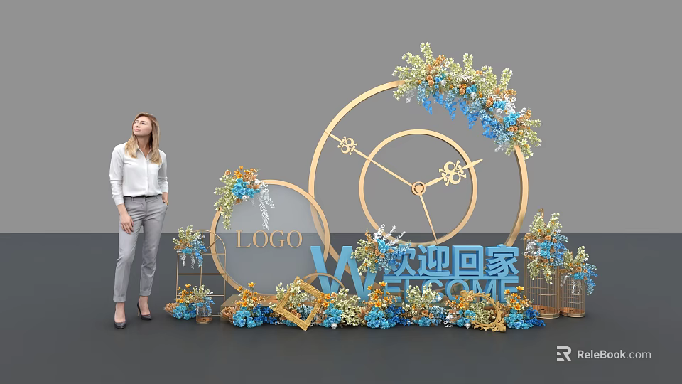 Photo Spot With Circular Heart Shaped Decorations Blue Gold Flowers And Welcome Home Logo 3d model 