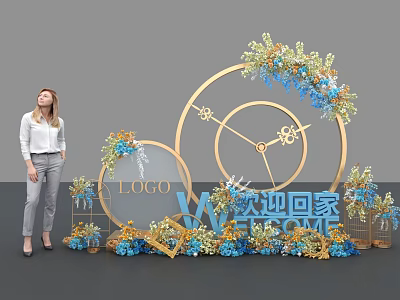 Photo Spot With Circular Heart Shaped Decorations Blue Gold Flowers And Welcome Home Logo 3d model
