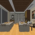 Beauty Salon Interior With Massage Tables Towels Wooden Flooring Mirror And Decorative Painting Spa Treatments