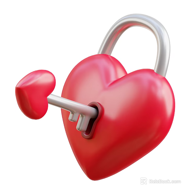 Red Heart Shaped Lock Decorative Ornament Set With Key Inserted In Lock Hole 3d model 