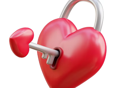 Red Heart Shaped Lock Decorative Ornament Set With Key Inserted In Lock Hole 3d model