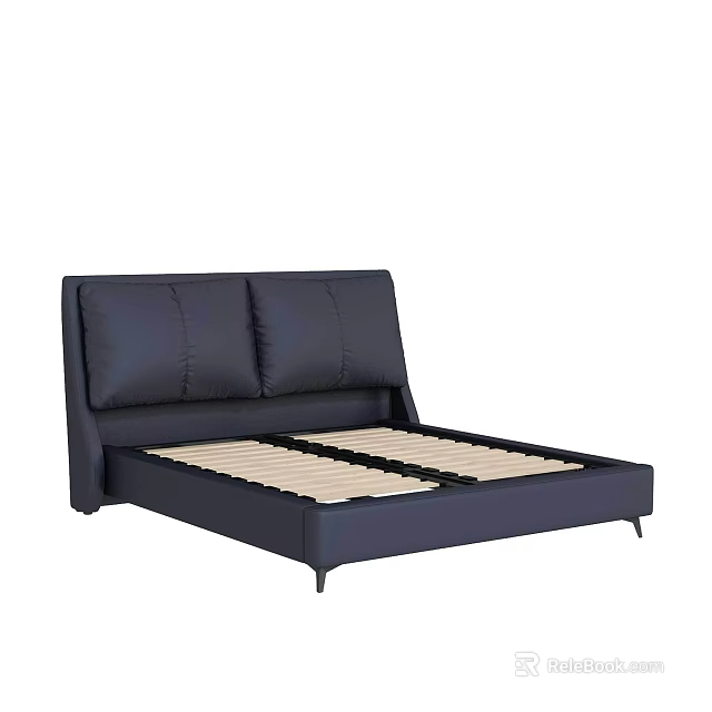 Modern Dark Leather Double Bed Frame With Padded Headboard And Slat Support Base 3d model 