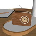 Wooden Radio Speaker on Wooden Table with Notebook Pencil and White Cup