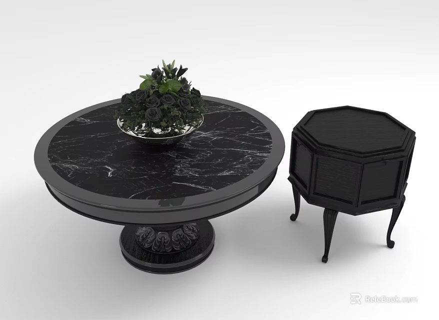 Black Round Marble Coffee Table With Floral Arrangement and Hexagonal Black Side Table 3d model 