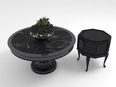 Black Round Marble Coffee Table With Floral Arrangement and Hexagonal Black Side Table 3d model