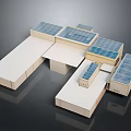 Data Center Model With White Buildings And Blue Solar Panels For Computer Servers