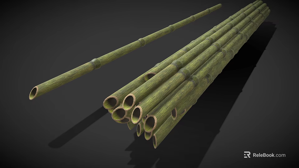 Green Bamboo Poles With Nodes Textured Surface And Holes In Natural Condition 3d model 