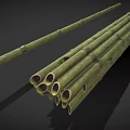 Green Bamboo Poles With Nodes Textured Surface And Holes In Natural Condition