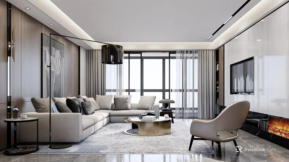Modern Living Room Interior With Gray L Shaped Sofa Multiple Cushions Round Gold Coffee Table 3d model 