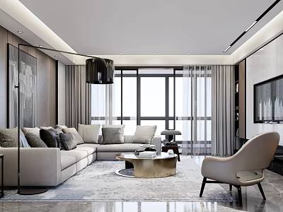 Modern Living Room Interior With Gray L Shaped Sofa Multiple Cushions Round Gold Coffee Table 3d model