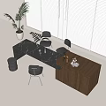 Modern Interior Design With Black Marble Island Chairs Dark Cabinets Window Blinds And Plant