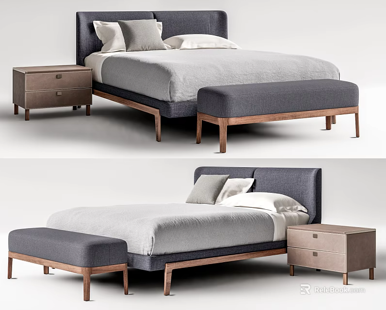 Modern Double Bed With Wooden Frame Bedside Table And Gray Footstool 3d model