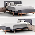 Modern Double Bed With Wooden Frame Bedside Table And Gray Footstool 3d model