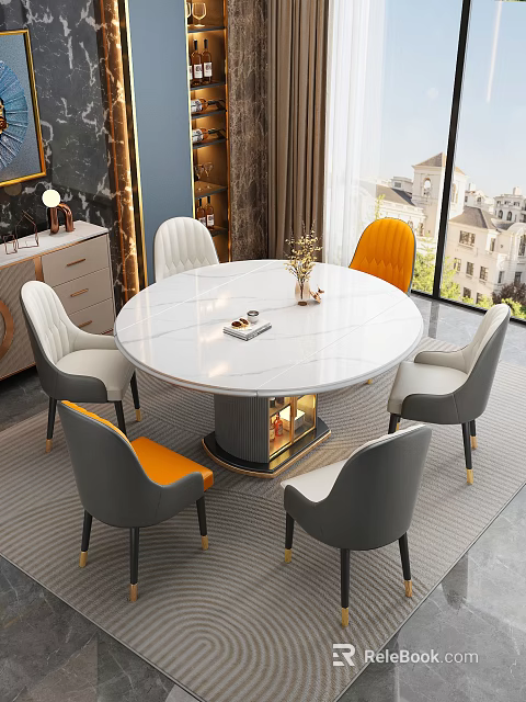 Round Marble Dining Table Set with Gray Orange Upholstered Chairs Golden Legs Illuminated Base 3d model 