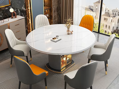 Round Marble Dining Table Set with Gray Orange Upholstered Chairs Golden Legs Illuminated Base 3d model