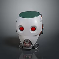 Futuristic Mechanical Weapon With White Body Green Top Red Eyes And Metallic Wheels