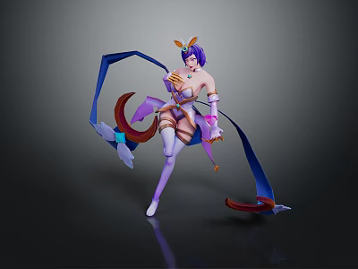Game Movie Character 3D Model Dynamic Pose With Purple Hair Decorative Outfit And Flowing Ribbons 3d model