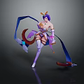 Game Movie Character 3D Model Dynamic Pose With Purple Hair Decorative Outfit And Flowing Ribbons