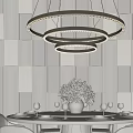 Modern Circular Three Tiered LED Chandelier Over Dining Table With White Chairs And Striped Tiles