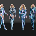 Group of Female Models With Long Blond Hair Wearing Shiny Futuristic Outfits on Black Background