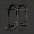 Wooden Arch Bench Structure With Floral Cushions Bicycle And Potted Plants