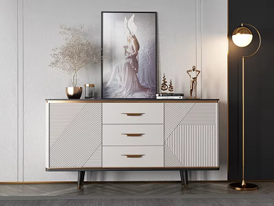 Stylish Console Cabinet With Textured Panels Drawers And Decorative Vase Figurines Floor Lamp 3d model