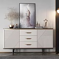 Stylish Console Cabinet With Textured Panels Drawers And Decorative Vase Figurines Floor Lamp