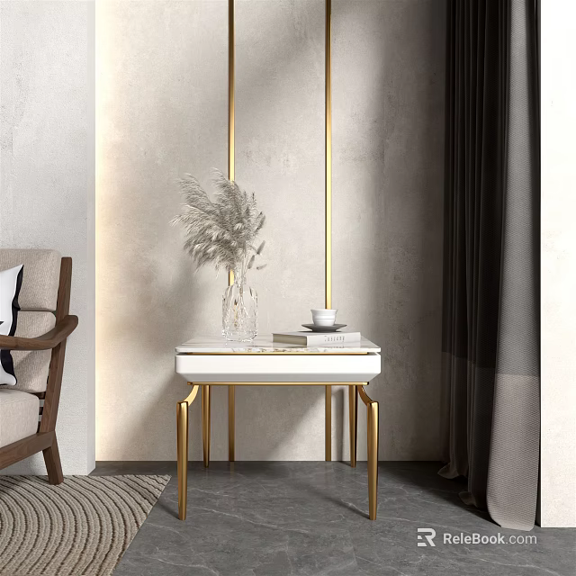 Modern Side Table With White Tabletop And Golden Legs Beside Sofa With Dried Plant Vase 3d model 