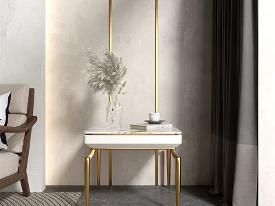 Modern Side Table With White Tabletop And Golden Legs Beside Sofa With Dried Plant Vase 3d model
