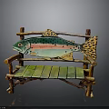 Handcrafted Wooden Bench Featuring Colorful Trout Decoration Green Planks And Twig Armrests