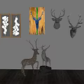 Modern Wall Decor with Floral Frames Wooden Board Blue Deer Head and Deer Sculptures