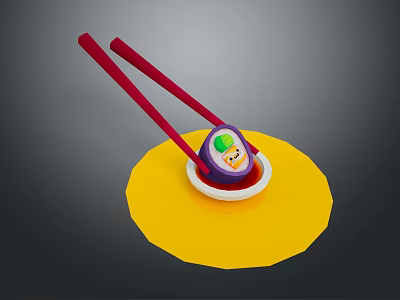 Delicious Asian Traditional Snack With Red Chopsticks On Yellow Plate Topped With Sauce 3d model